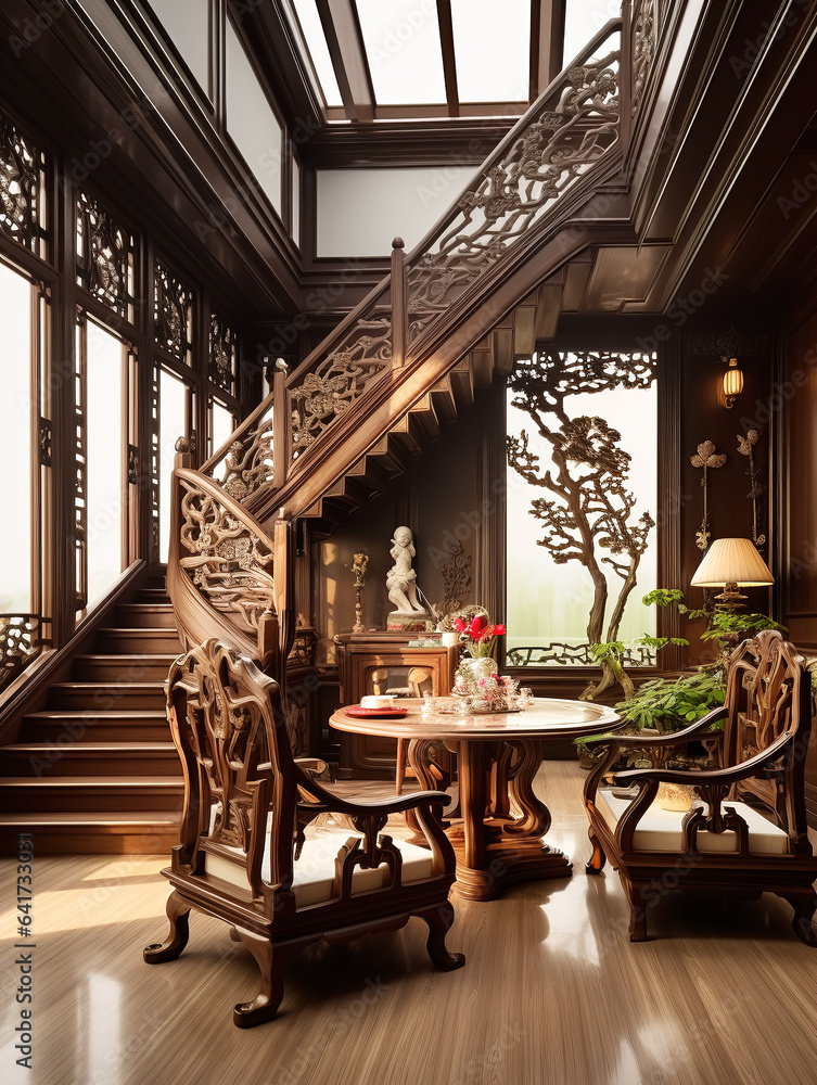 Interior view of living room in Chinese style mansion