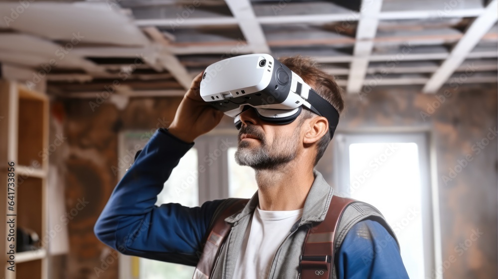 Construction worker wearing virtual reality goggles during analyzing building structure at the const