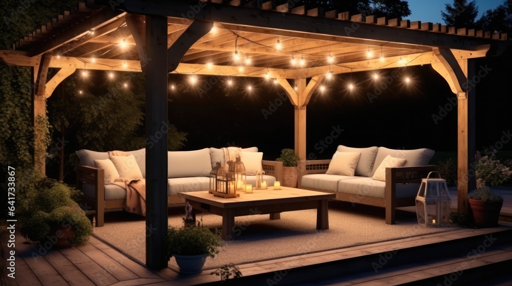 Simple patio furniture and string lights surrounded by greenery at night.