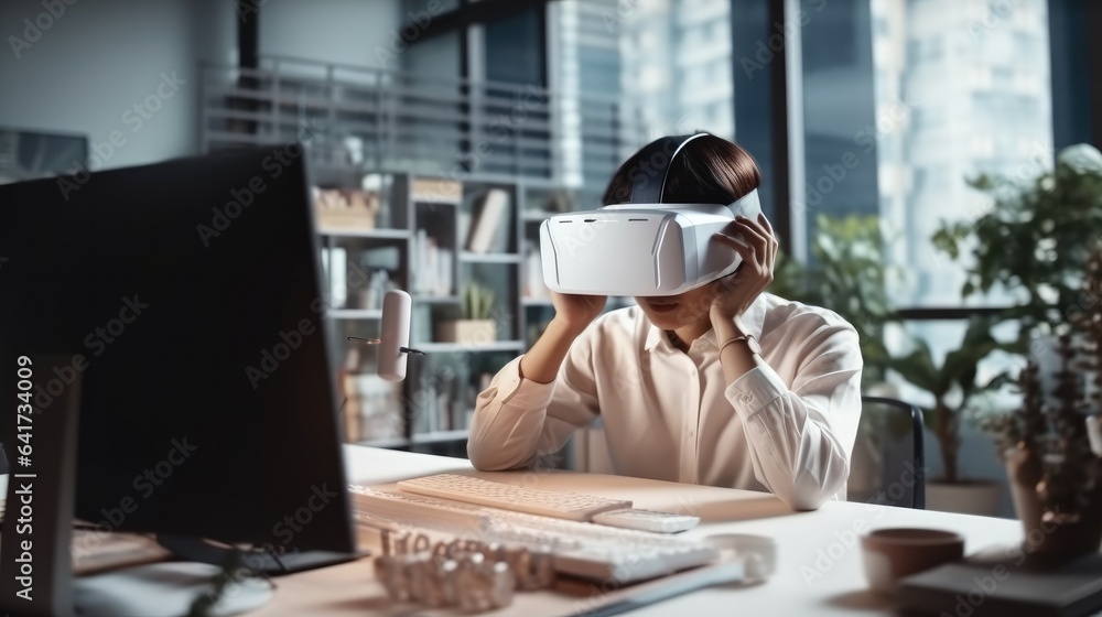 Asian woman Architect designer wearing VR headset for BIM technology working together design 3D mode