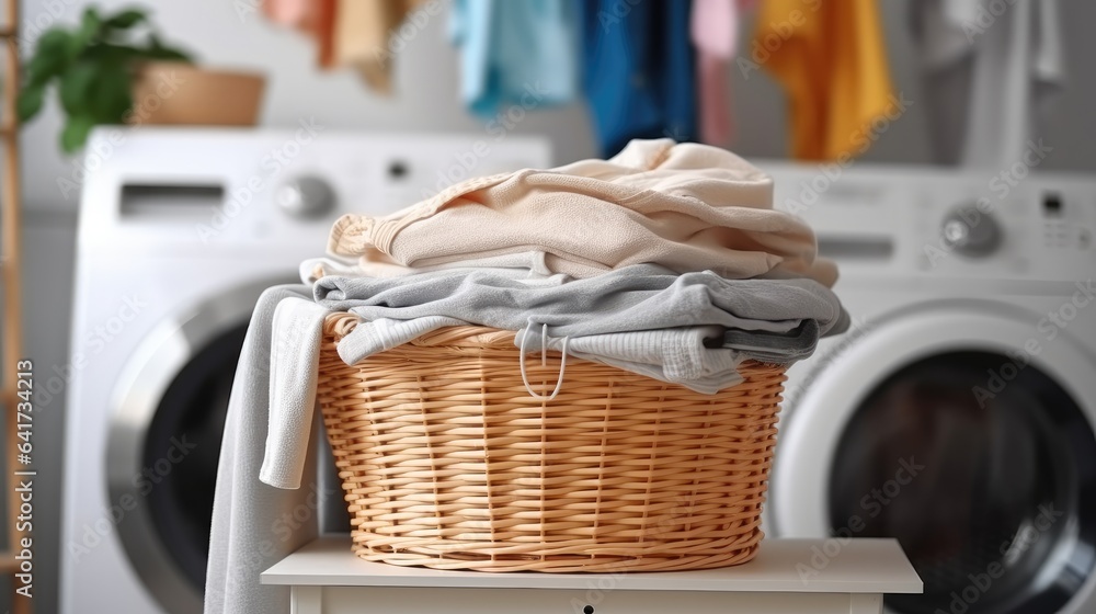 Laundry room with washing machine and laundry basket.