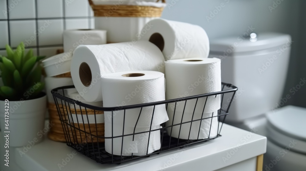 Basket with paper rolls on ceramic toilet bowl in modern bathroom.