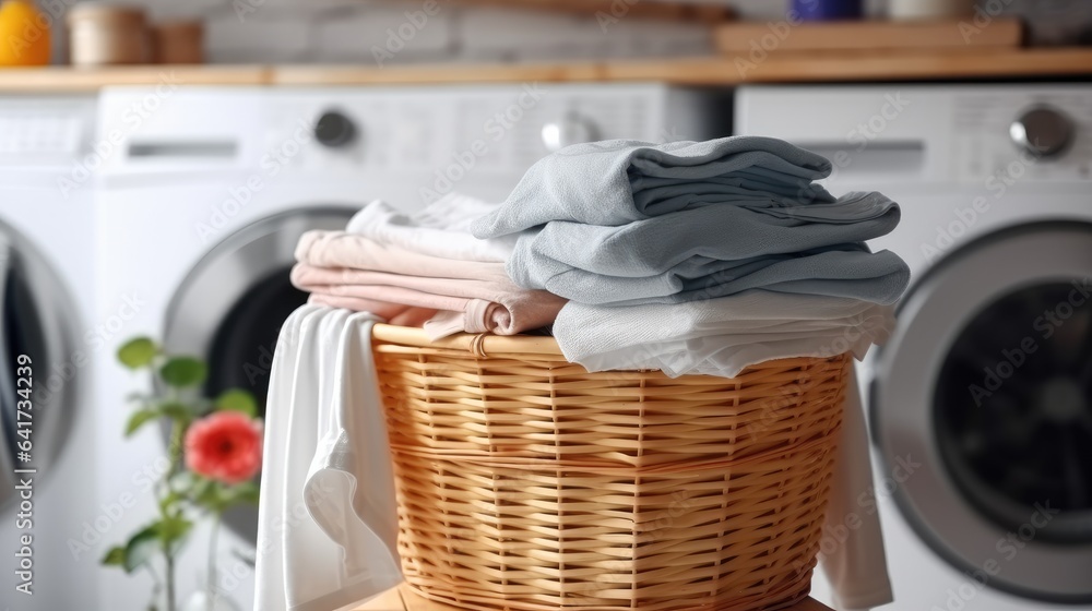 Laundry basket with dirty clothes and washing machine in restroom.