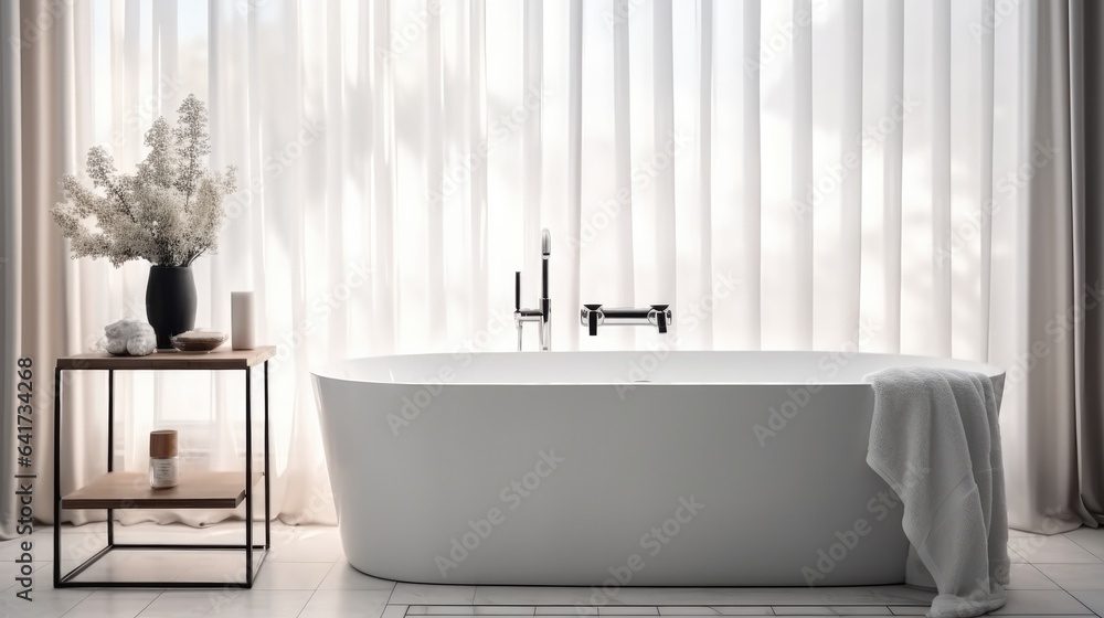 Modern of bathroom with white sink, Bathtub and shelving units.