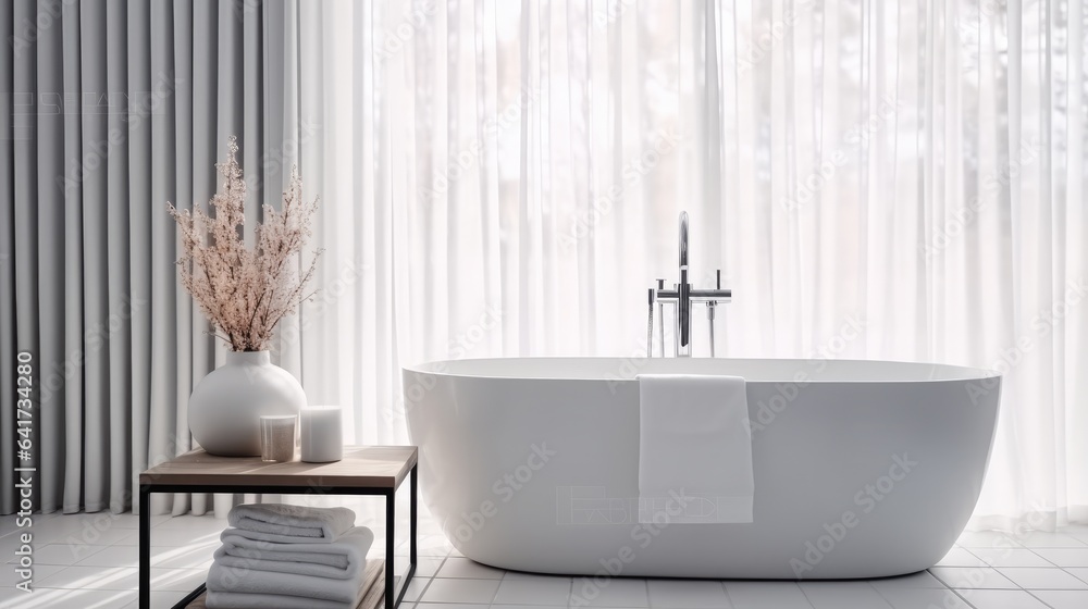 Modern of bathroom with white sink, Bathtub and shelving units.