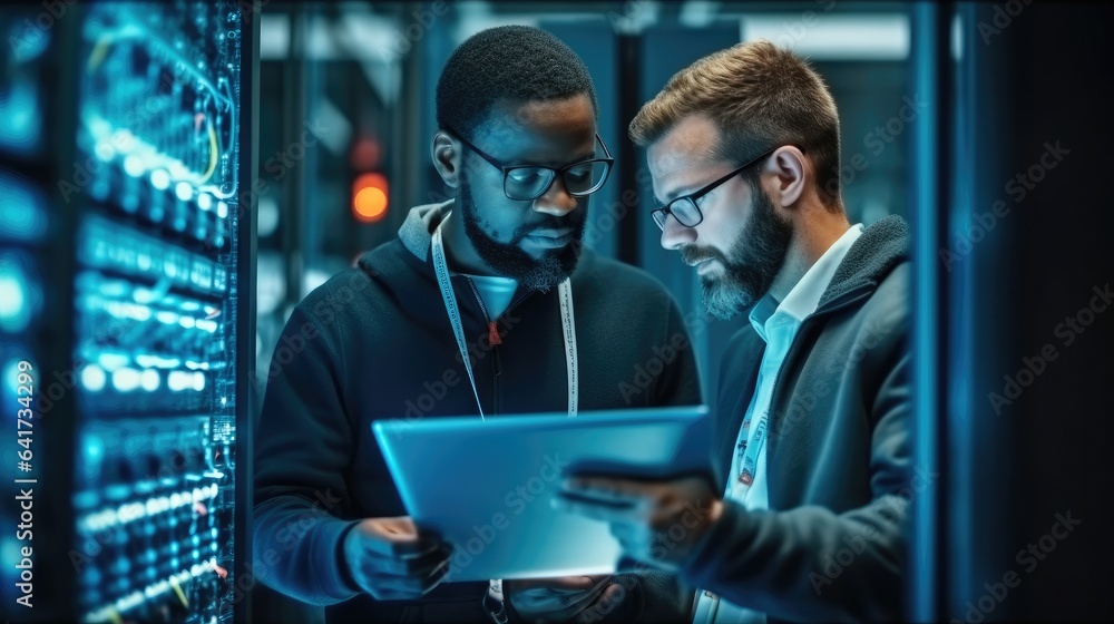 IT Technician works on laptop computer and black male engineer colleague in Data Center while workin