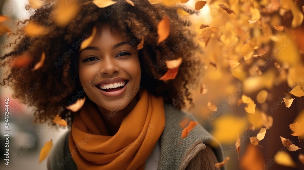 Beautiful black woman smiling in autumn leaves, Orange autumn tones.