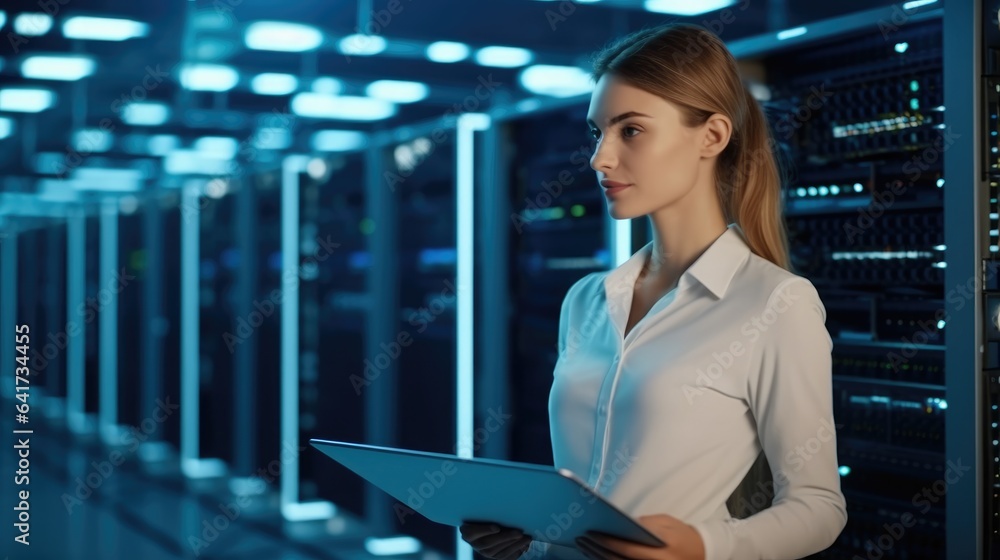 Female IT Technician working and inspecting working server cabinets in data center.