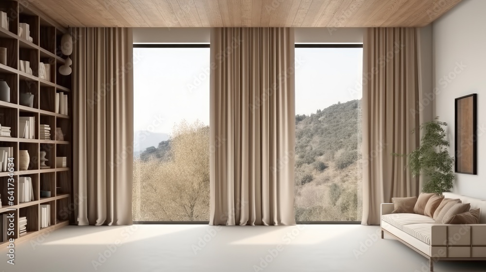 Beige living room interior with sofa and curtains near window at city.