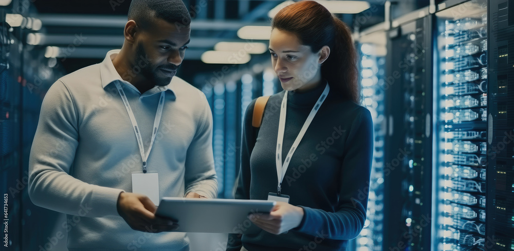 IT Technician works on laptop computer and woman colleague in data center while working next to serv