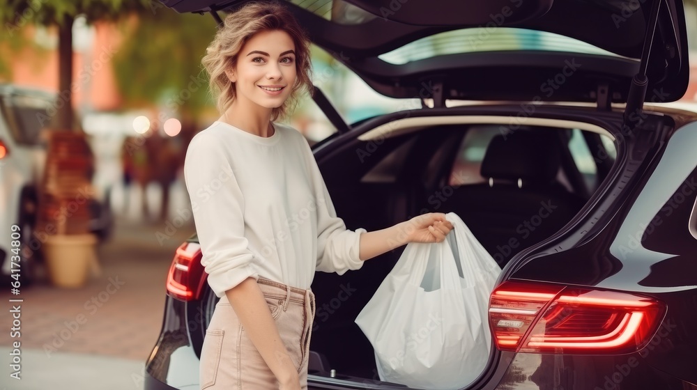 Woman loading shopping bags and groceries in a car trunk after going shopping.