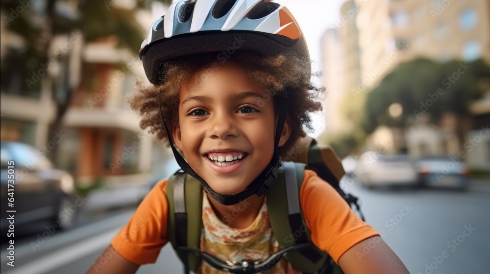 Cheerful happy kid on bicycle riding to school at city, Having fun.