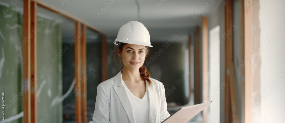 Designer women inspecting construction site in new home, checks supervision design project concept.