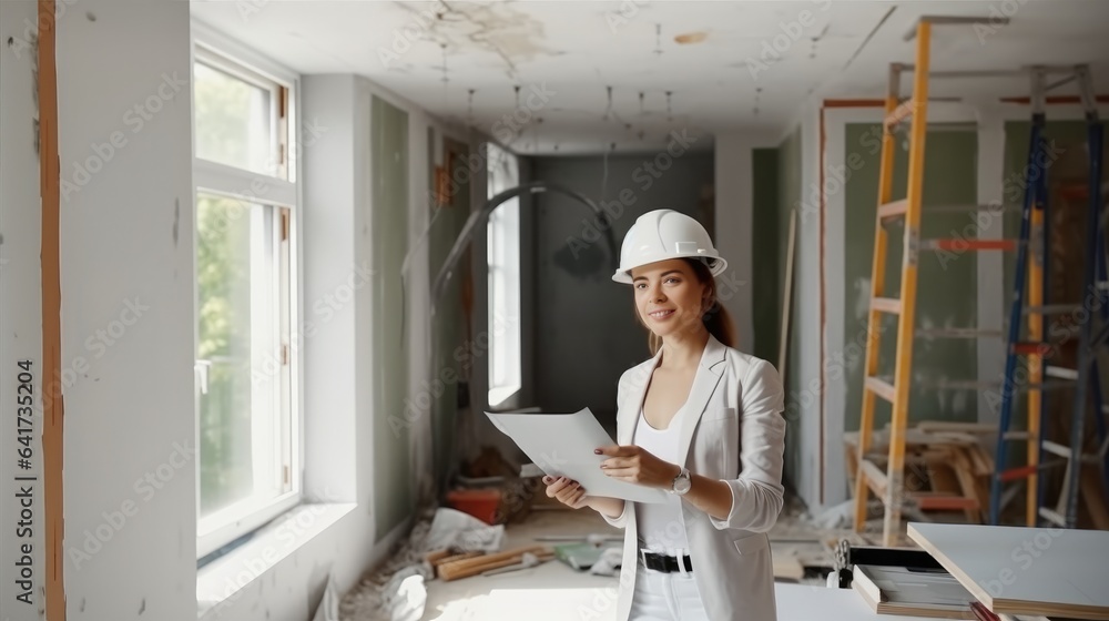 Designer women inspecting construction site in new home, checks supervision design project concept.