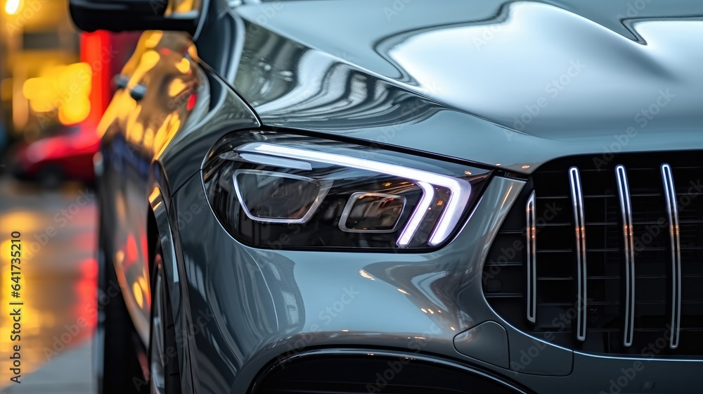 Car headlights, Close up of detail light on new car, Exterior detail.