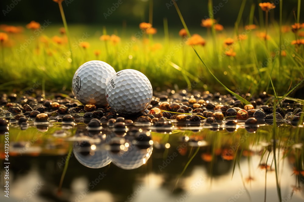 Stack of golf balls and golf equipment on green grass on golf course.