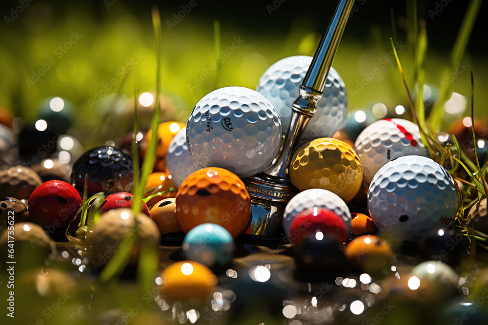 Stack of golf balls and golf equipment on green grass on golf course.