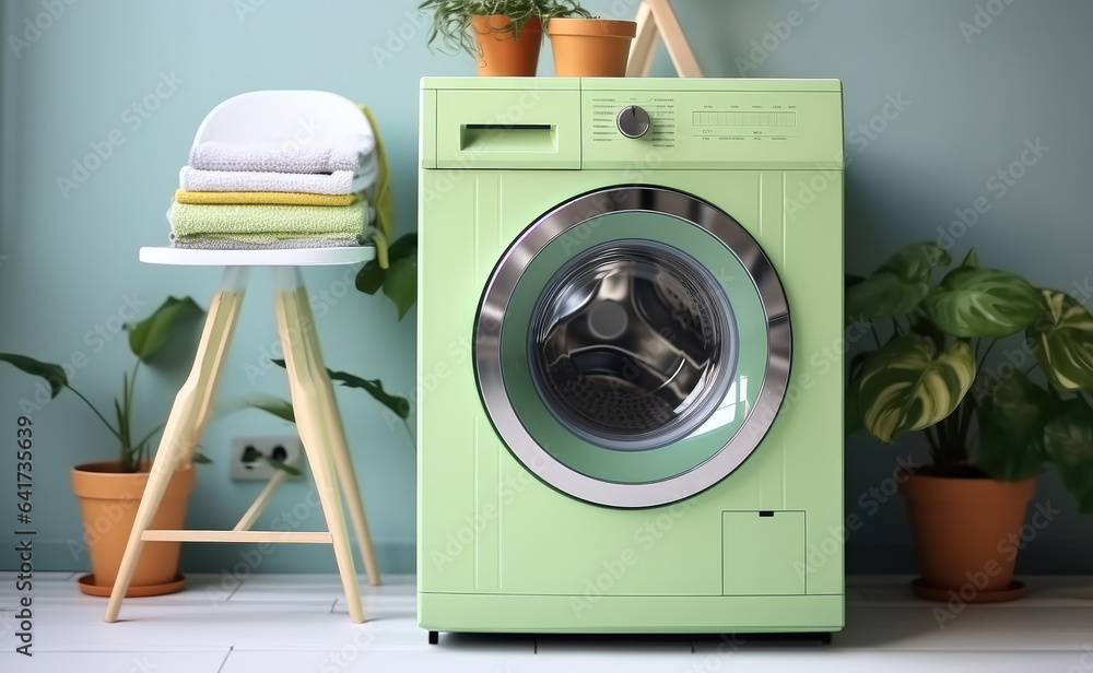 Laundry Room with washing machine, Dryer, Laundry basket and folded towels.