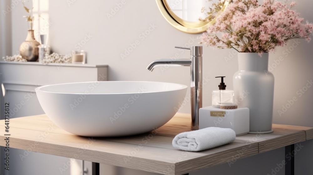 Faucet and sinks in restroom in modern house.