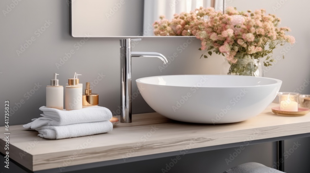 Faucet and sinks in restroom in modern house.