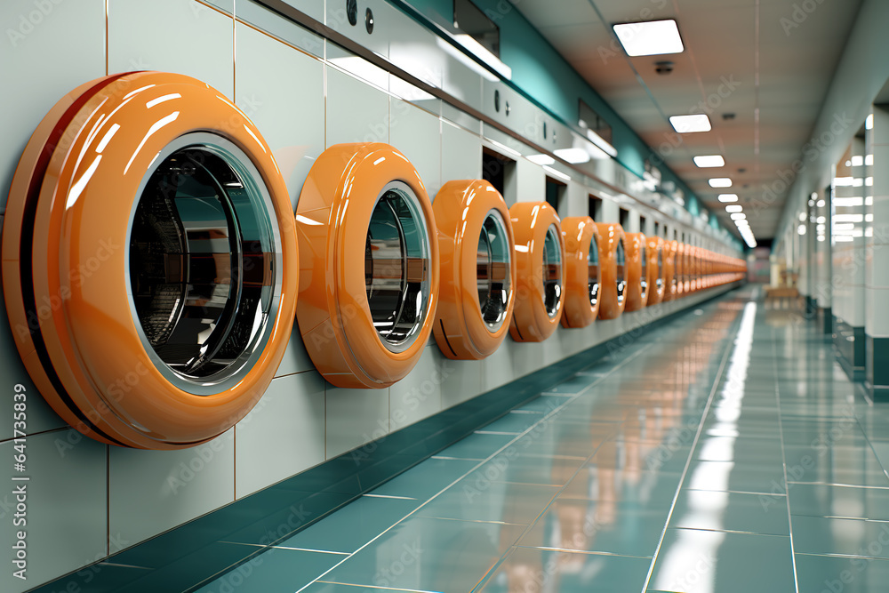 A row of industrial washing machines in a public laundromat