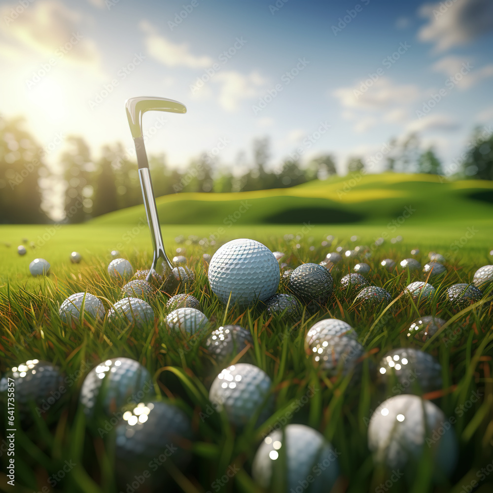 Stack of golf balls and golf equipment on green grass on golf course.