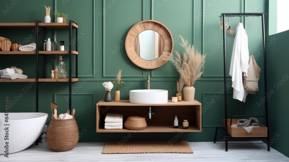 Bathroom and wash basin with shelving unit, Modern bathroom.