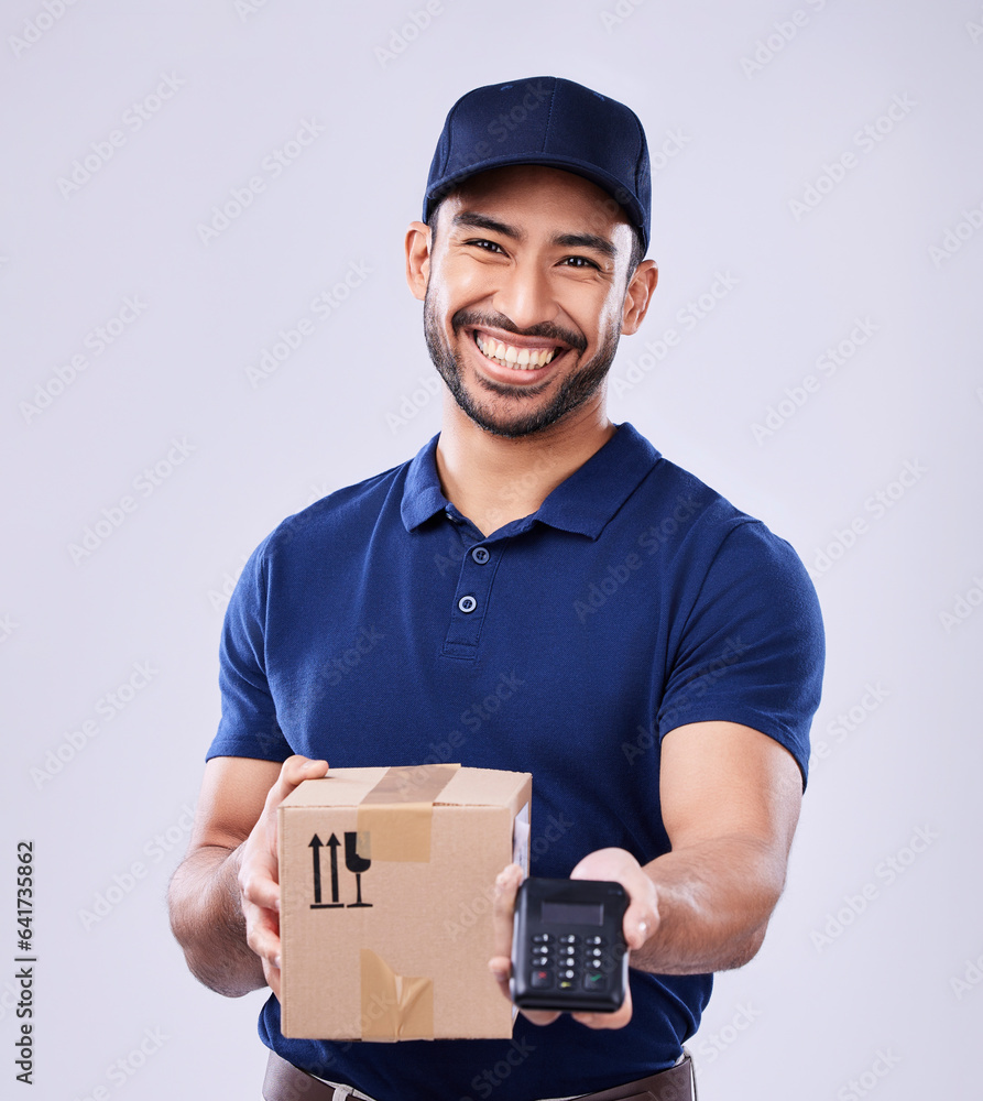 Smile, portrait and delivery man with box, payment and safe transport for ecommerce product in studi