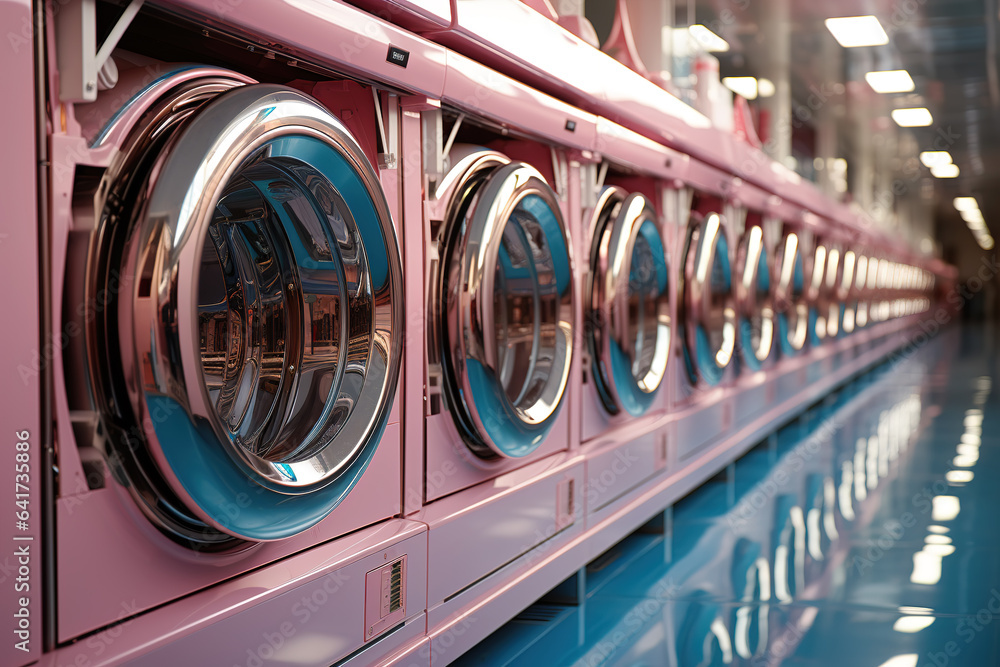 A row of industrial washing machines in a public laundromat