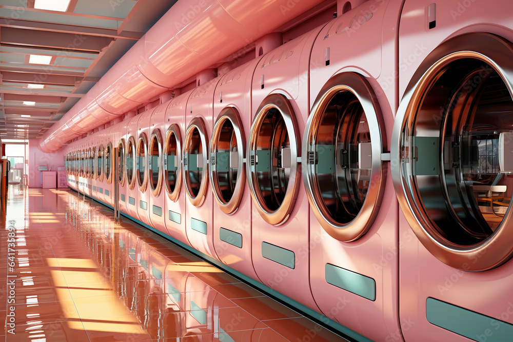 A row of industrial washing machines in a public laundromat