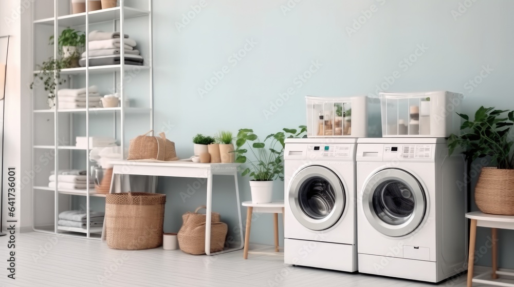 Laundry room with washing machine and laundry basket.