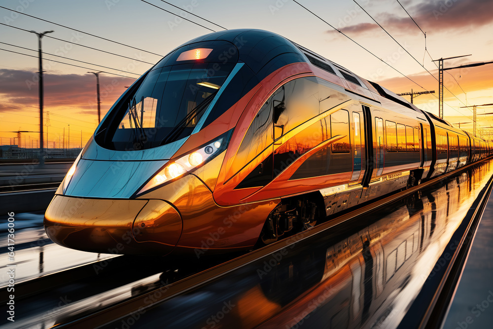 High speed train in motion on the railway station at sunset. Fast moving modern passenger train on r