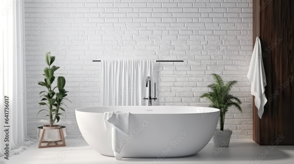 Modern Bathroom with White Bathtub and Sink.