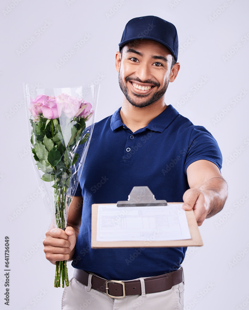 Portrait, flower bouquet courier and delivery man with clipboard, paperwork and shipping product, st