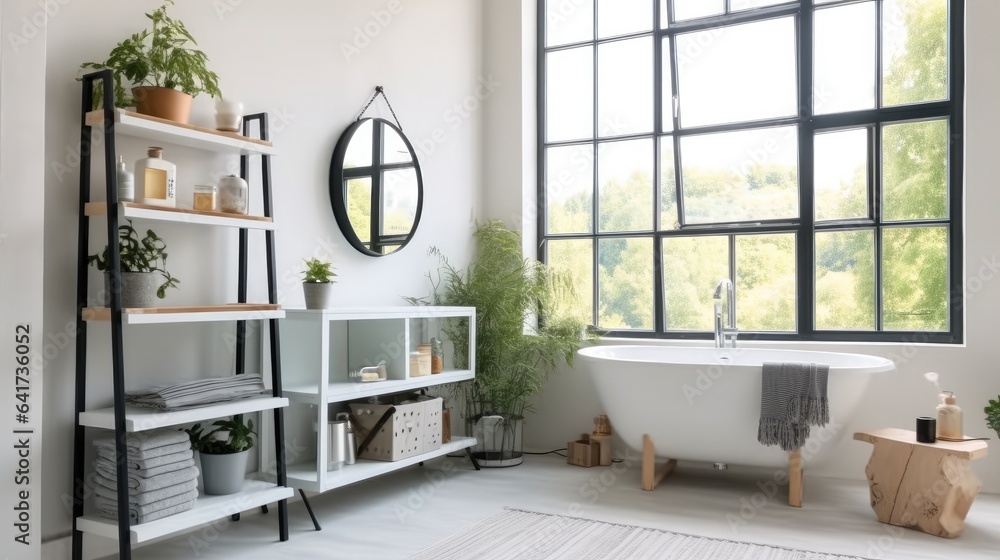 Spacious modern bathroom, Bathroom interior and bathtubs at house.