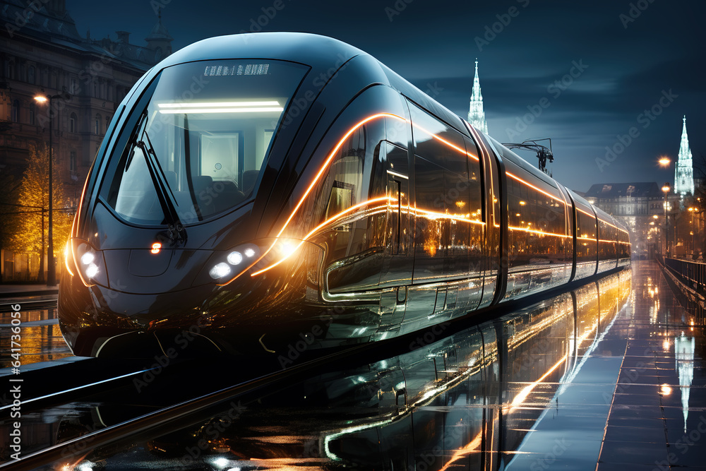 High speed train in motion on the railway station at sunset. Fast moving modern passenger train on r