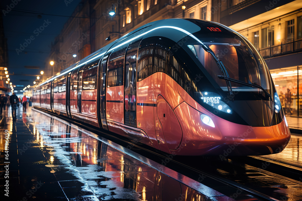 High speed train in motion on the railway station at sunset. Fast moving modern passenger train on r