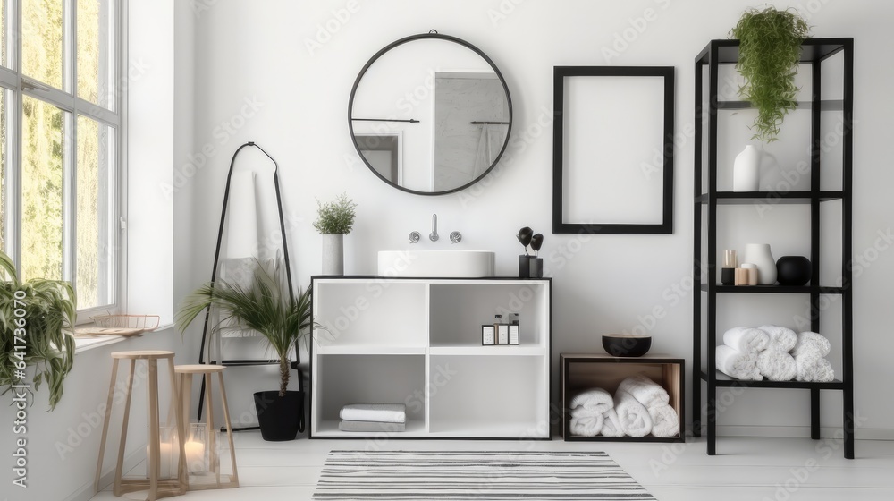 Comfortable and tidy toilet toiletries, sink, mirror and table, Interior of bathroom in modern house