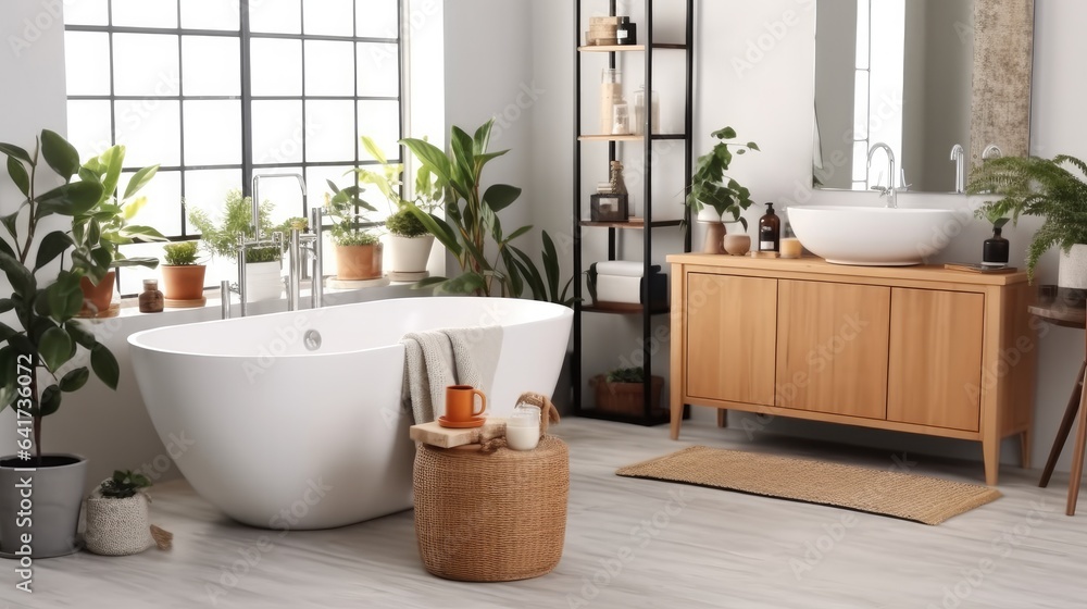 Modern bathroom interior, Restroom with ceramic toilet bowl with bathtubs and vanities.