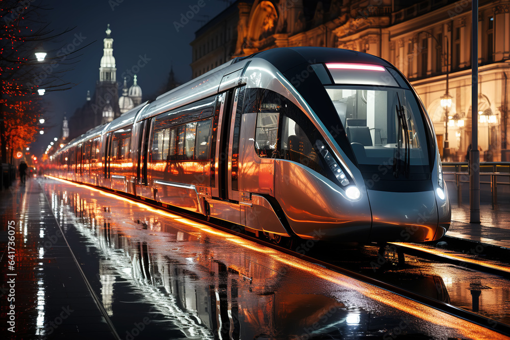 High speed train in motion on the railway station at sunset. Fast moving modern passenger train on r