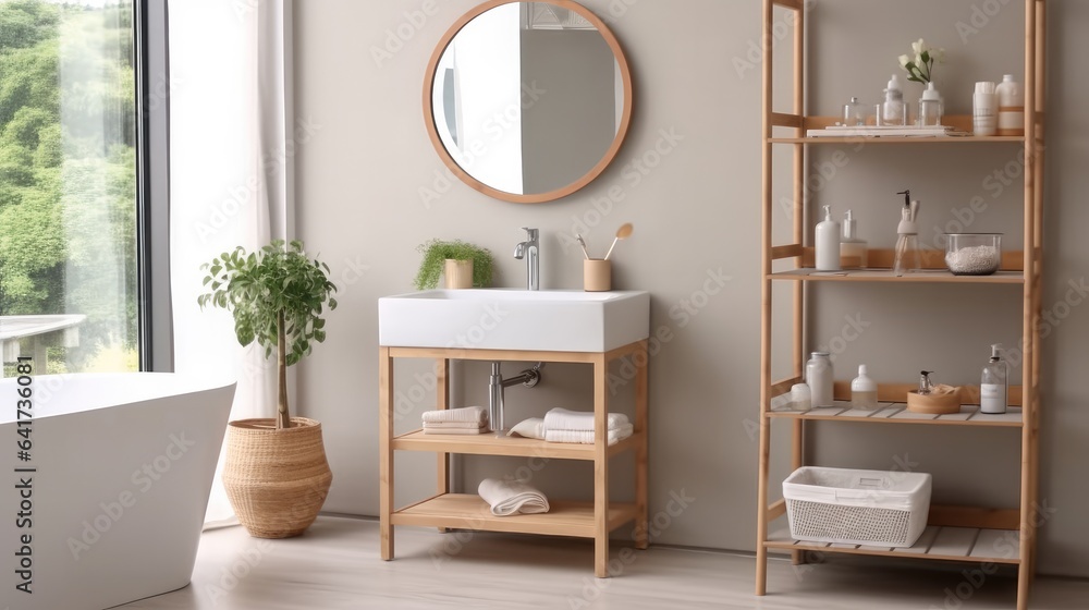 Comfortable and tidy toilet toiletries, sink, mirror and table, Interior of bathroom in modern house