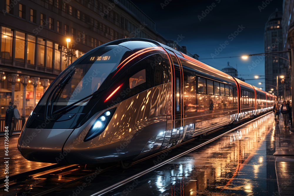 High speed train in motion on the railway station at sunset. Fast moving modern passenger train on r