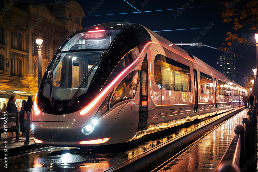 High speed train in motion on the railway station at sunset. Fast moving modern passenger train on r