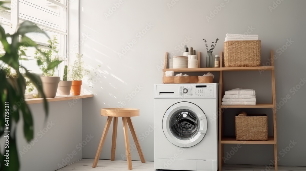 Washing machine and laundry basket in laundry room at home.