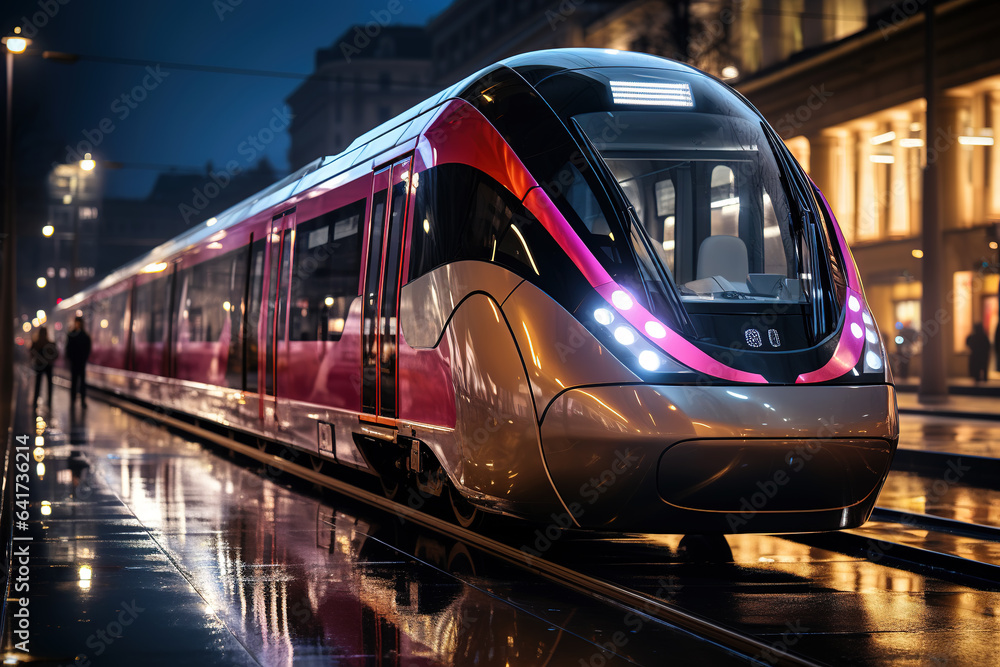 High speed train in motion on the railway station at sunset. Fast moving modern passenger train on r