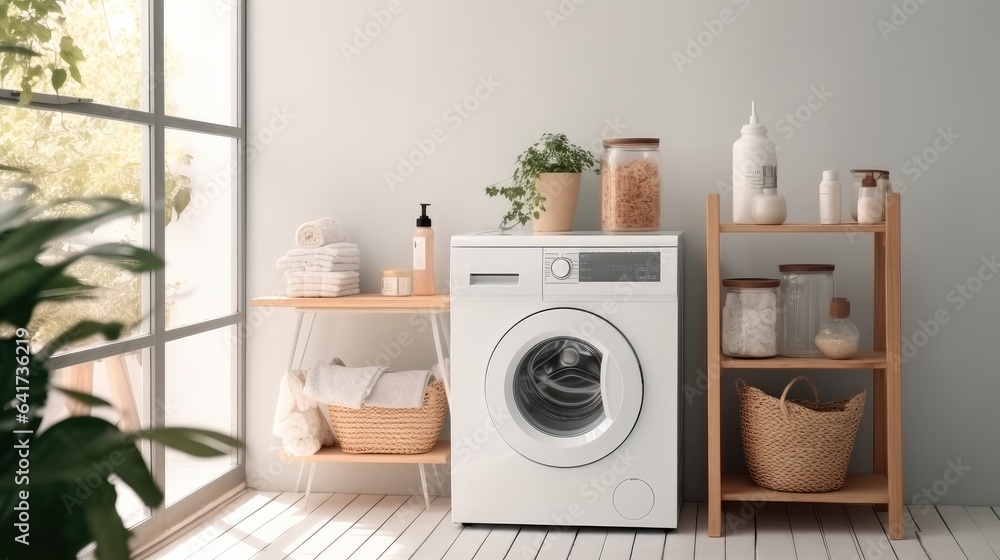 Laundry Room with washing machine, Dryer, Laundry basket and folded towels.