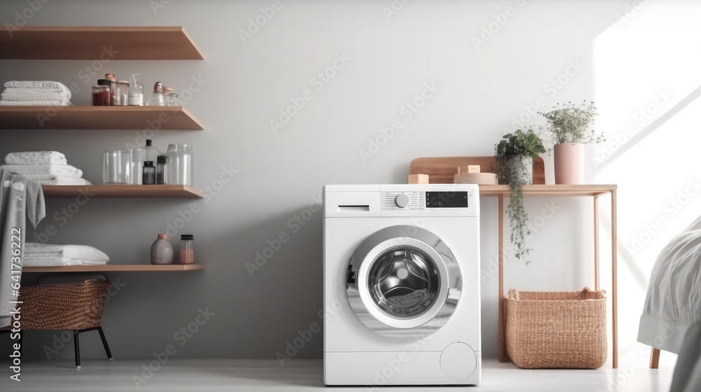 Modern Bathroom With Washing Machine.