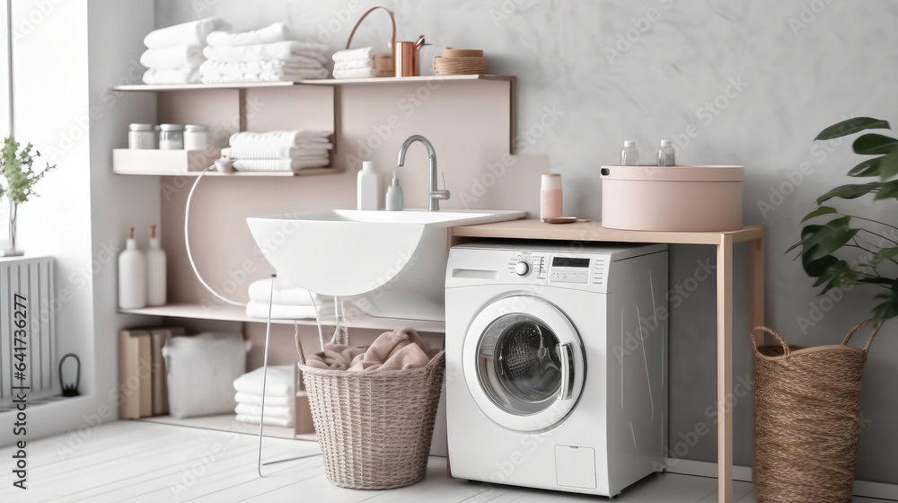 Modern bathroom with washing machine at home, Basket with dirty laundry.