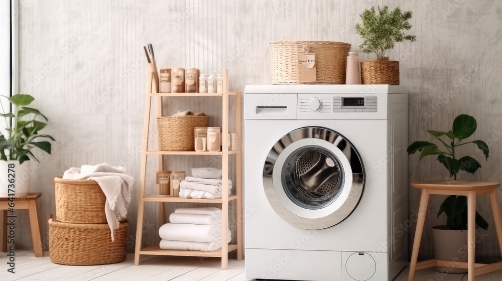 Modern bathroom with washing machine at home, Basket with dirty laundry.