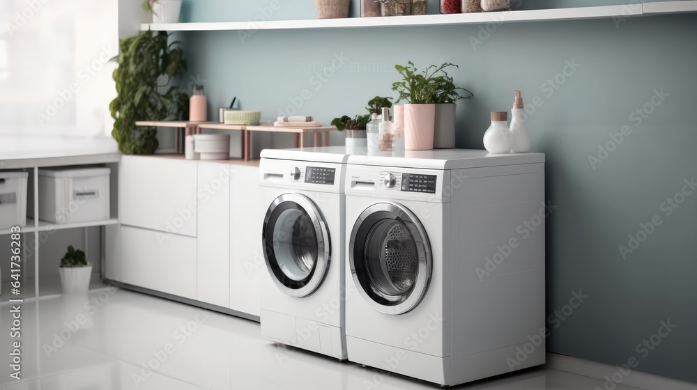 Modern Bathroom With Washing Machine.